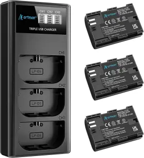 Lp-e6p-cl Artman Lp-e6n Lp-e6 Battery 3-pack 2750mah And 3-slot Lcd Charger For Eos R R5