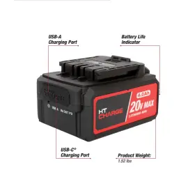 Hyper Tough 820909800408 20v Max 4.0ah Lithium-ion Battery Pack With Usb-a And Usb-c Ports #3