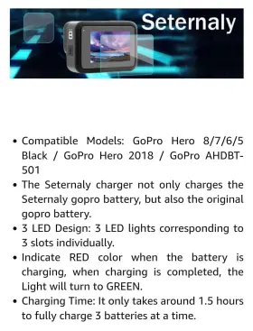 B08hj6qqm7 Seternaly 3 Battery Charger 1500mah 3-pack Batteries Compatible Gopro 8/7/6/5 #2