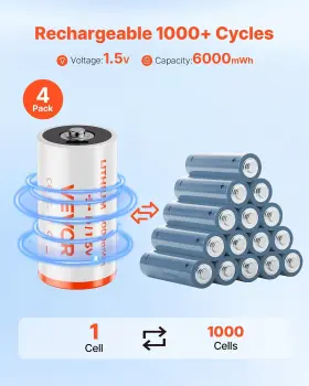 6000mwh Vevor 197988147664 Rechargeable D Batteries 4 Pack 1.5v Lithium Battery With In