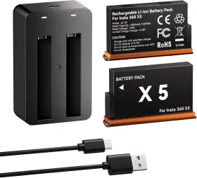 Wasabi Power 610074886860 Fulpower Replacement For Insta 360 X5 Battery And Dual Charger Kit - 2 Pack 2800